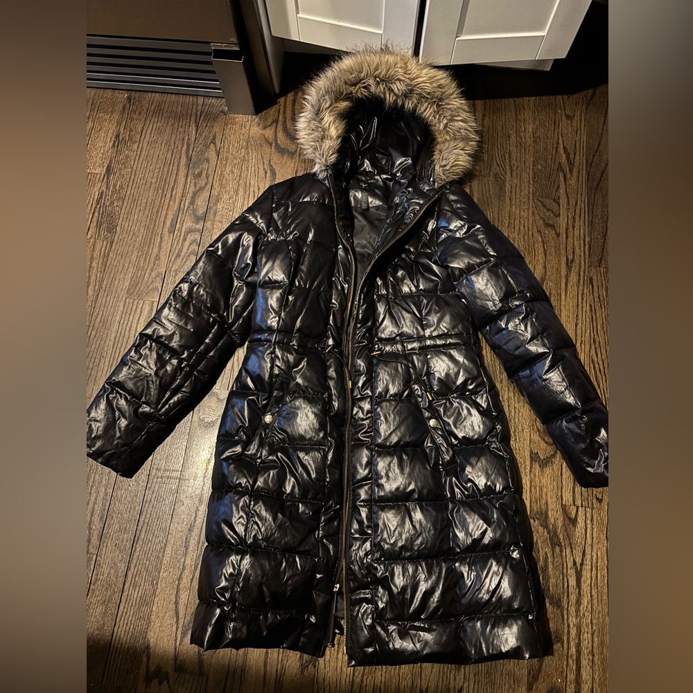 Bloomingdale’s Aqua Down Black Puffer Parka Coat with removable Faux Fur Hood